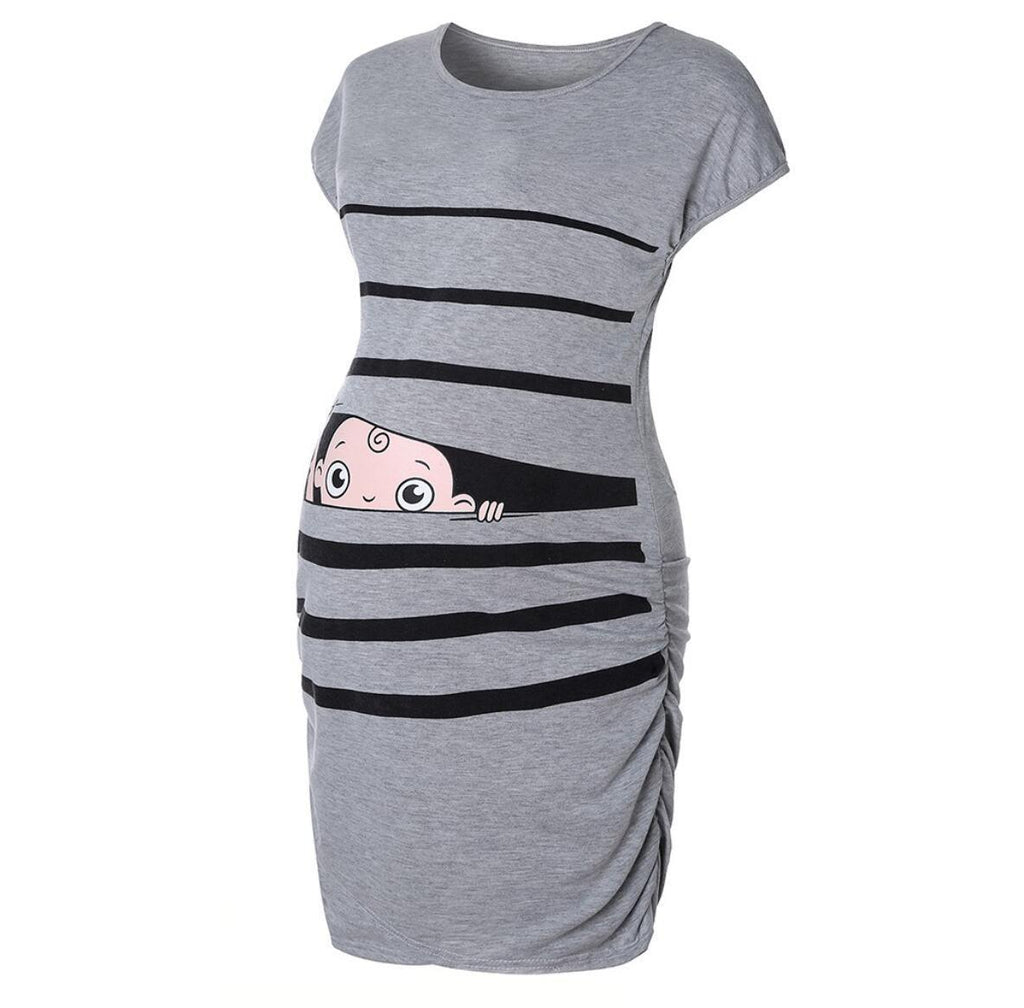 New Round Neck Short - Sleeved Letter Printing Maternity Dress Irregular Pleated Dress - Amazitshop