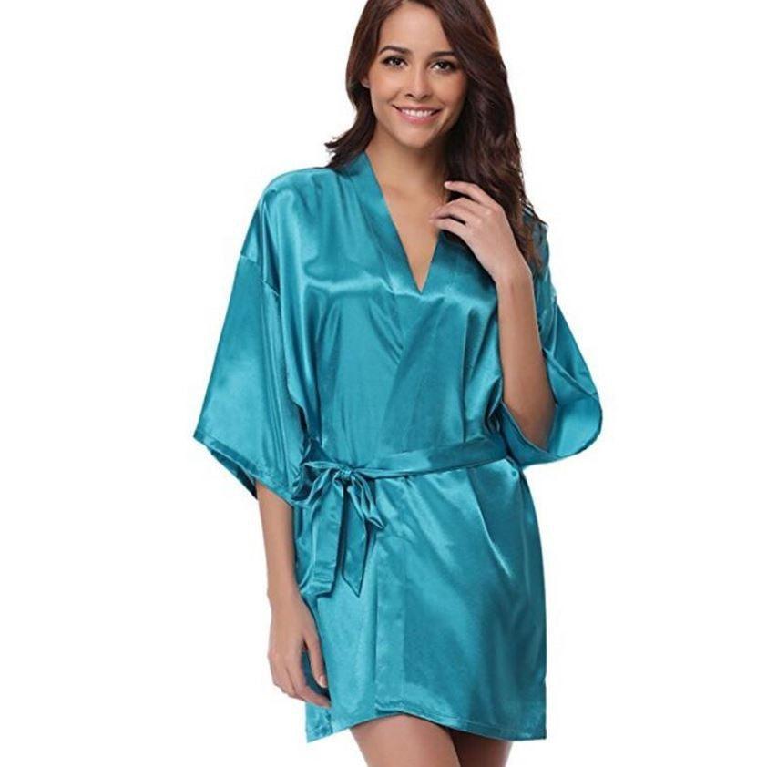 New Silk Kimono Robe Bathrobe Women Silk Bridesmaid Robes Sexy Navy Blue Robes Satin Robe Ladies Dressing Gowns - Amazitshop