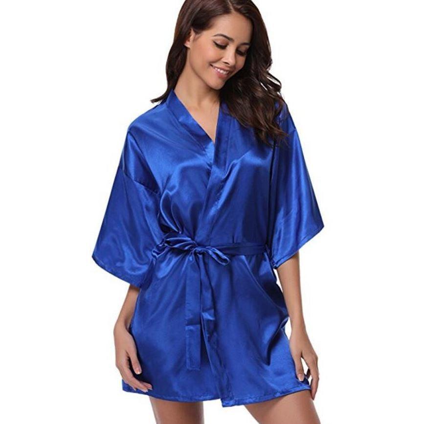 New Silk Kimono Robe Bathrobe Women Silk Bridesmaid Robes Sexy Navy Blue Robes Satin Robe Ladies Dressing Gowns - Amazitshop