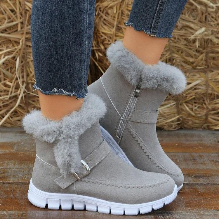 New Snow Boots Winter Warm Thickened Solid Color Plush Ankle Boots With Buckle Design Plus Velvet Flat Shoes For Women - Amazitshop