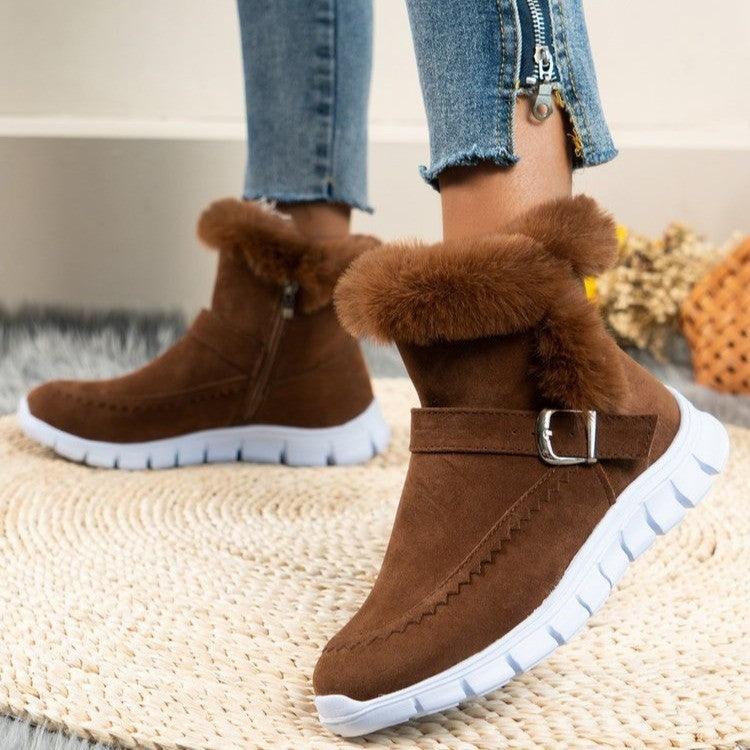 New Snow Boots Winter Warm Thickened Solid Color Plush Ankle Boots With Buckle Design Plus Velvet Flat Shoes For Women - Amazitshop