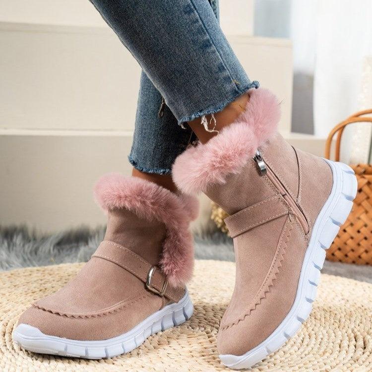 New Snow Boots Winter Warm Thickened Solid Color Plush Ankle Boots With Buckle Design Plus Velvet Flat Shoes For Women - Amazitshop