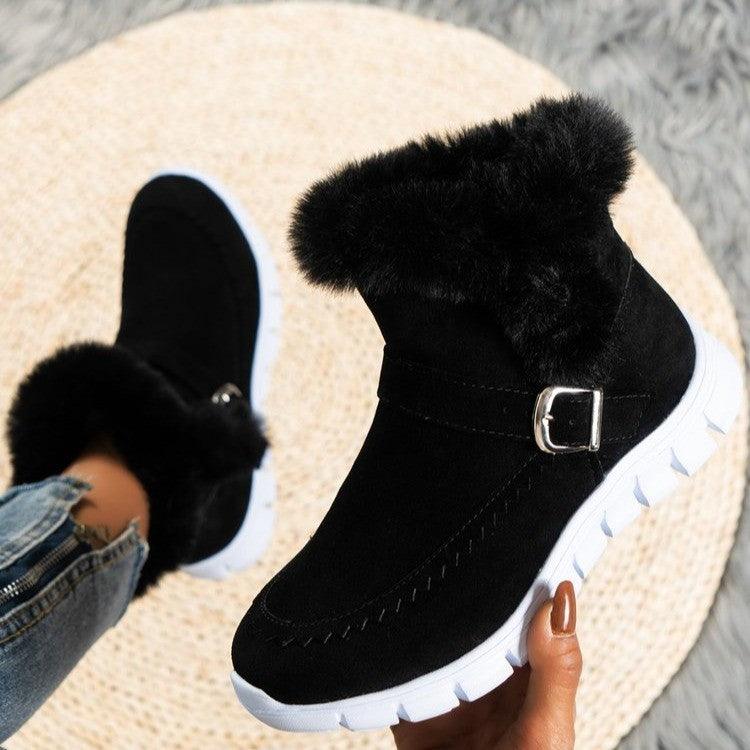 New Snow Boots Winter Warm Thickened Solid Color Plush Ankle Boots With Buckle Design Plus Velvet Flat Shoes For Women - Amazitshop