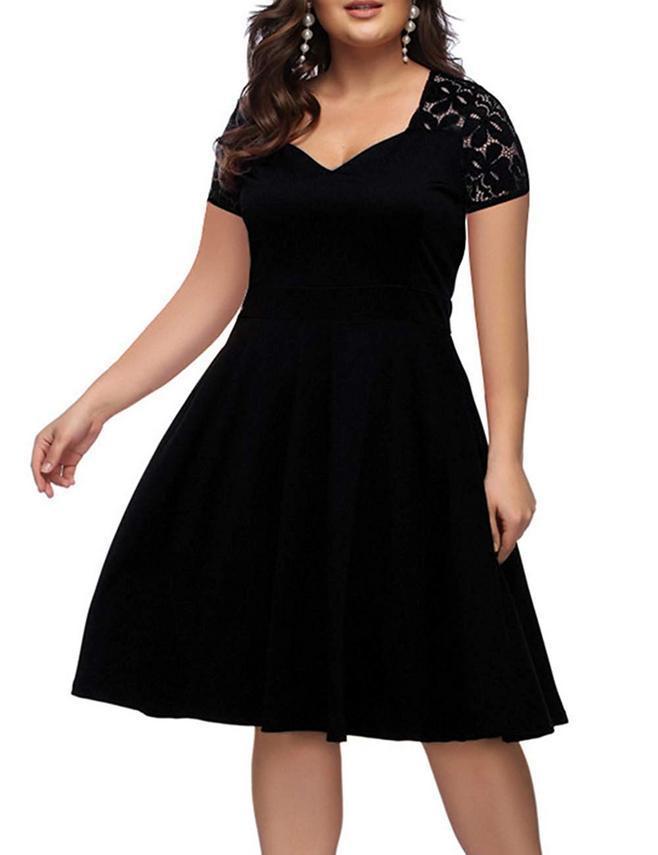 New Summer Plus Size Dresses Sexy V - neck Lace Vestido Largo Big Size Hollow out Zipper Short - sleeve Slim Large - size Dress - Amazitshop