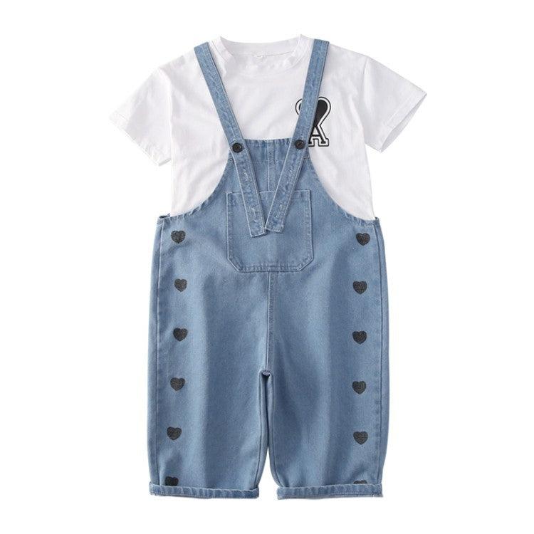New Trendy White Cotton T Shirt Denim Bib Suit Cotton Girls Two Piece Clothing - Amazitshop