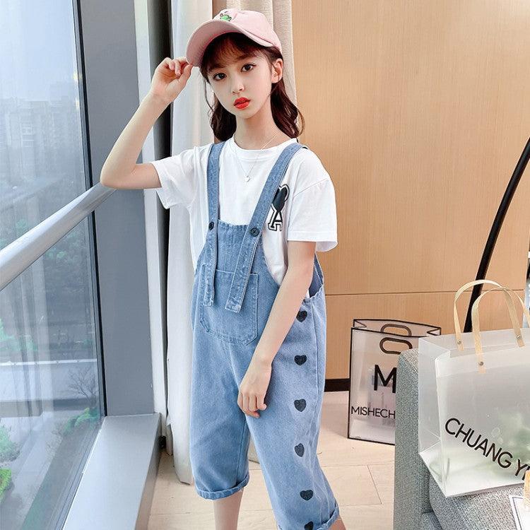 New Trendy White Cotton T Shirt Denim Bib Suit Cotton Girls Two Piece Clothing - Amazitshop