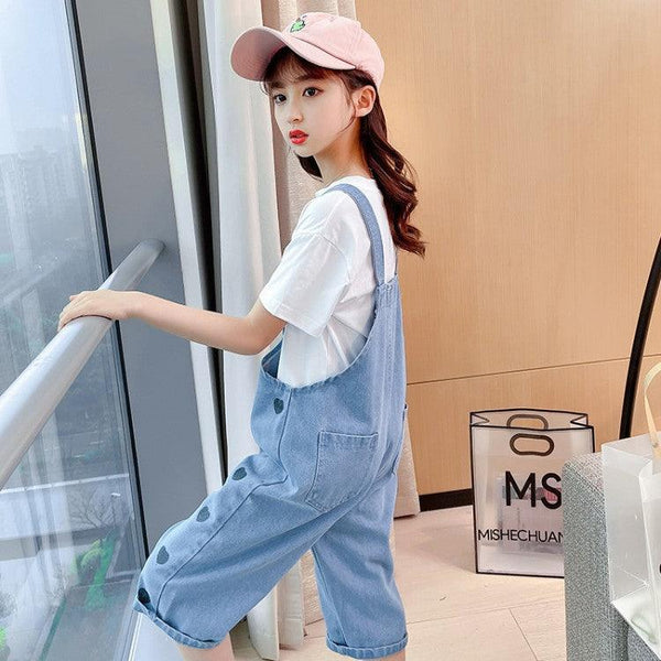 New Trendy White Cotton T Shirt Denim Bib Suit Cotton Girls Two Piece Clothing - Amazitshop