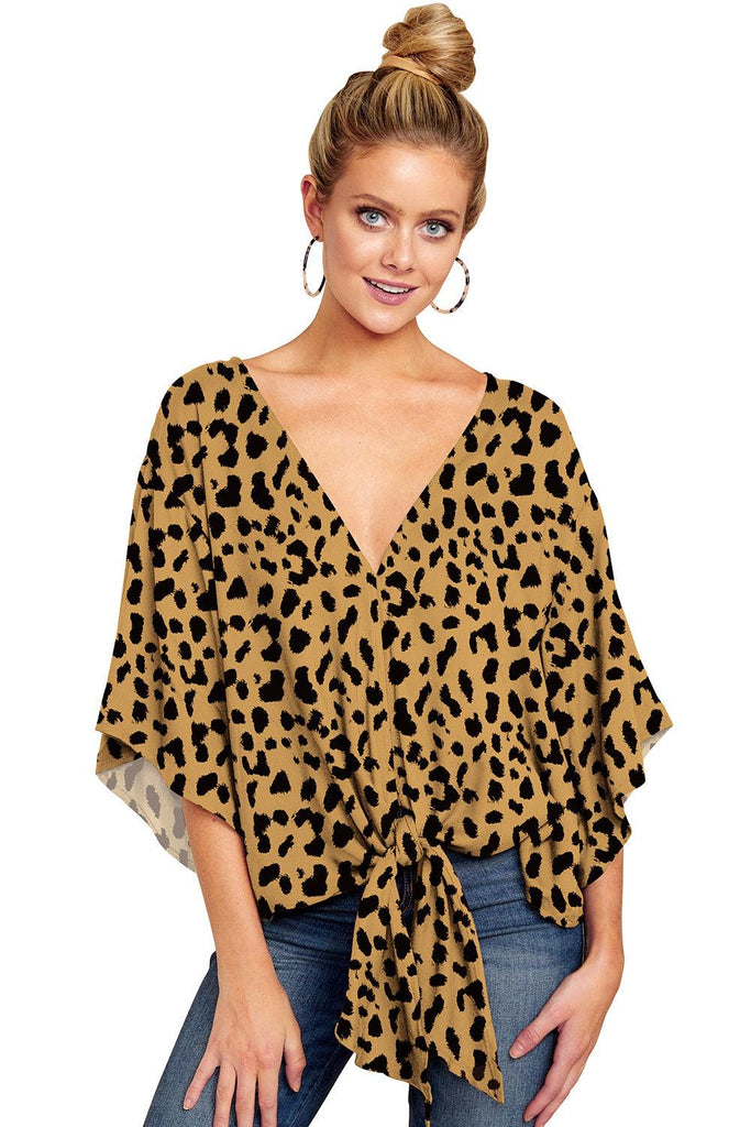 New V Neck Blouse Women Leopard Print Shirts Floral Tie Front Blouses Batwing Summer Oversize Ladies Tops - Amazitshop