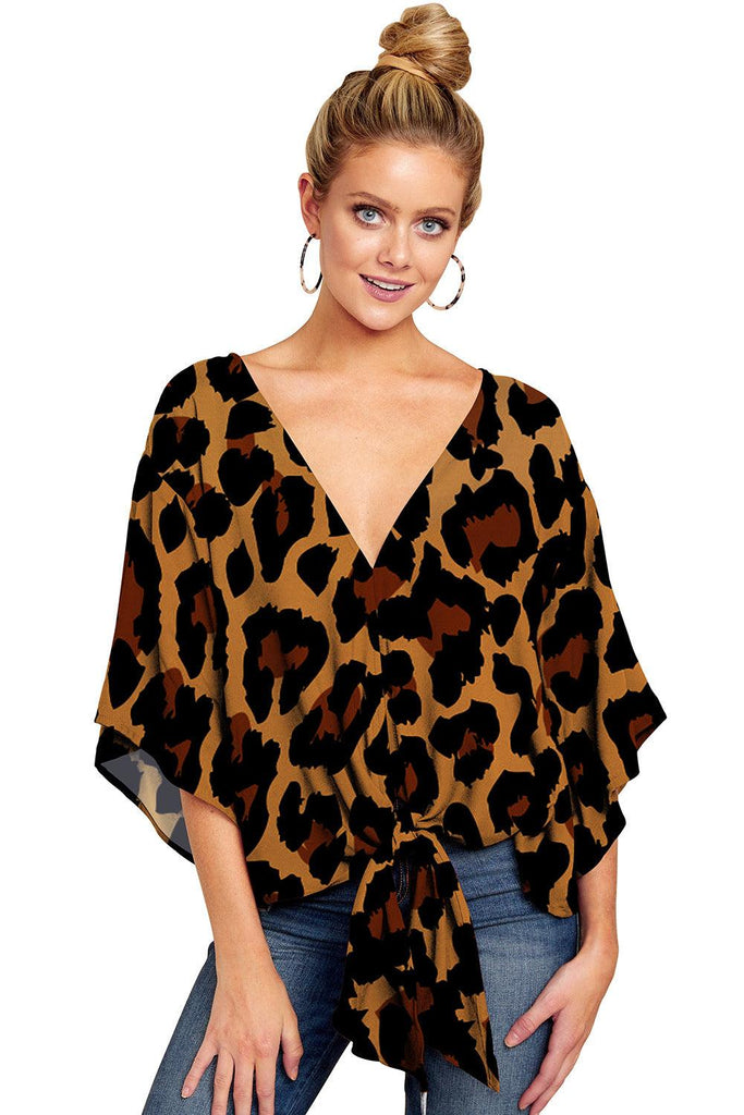New V Neck Blouse Women Leopard Print Shirts Floral Tie Front Blouses Batwing Summer Oversize Ladies Tops - Amazitshop