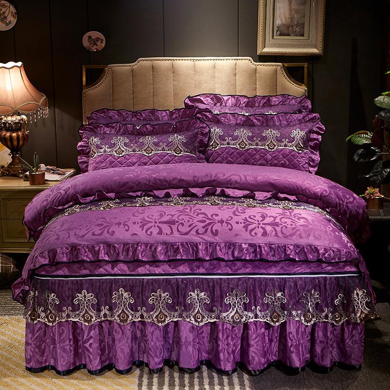 New Velvet Bed Skirt Four - piece Quilted Padded Bed Cover Bedspread - Amazitshop