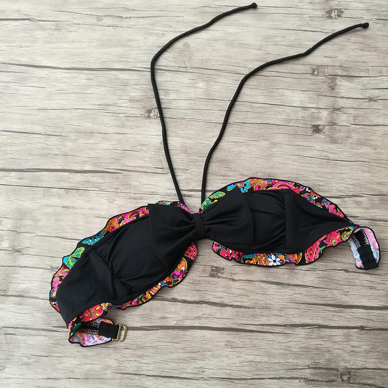 New Women's Tube Top Bikini Wrapped Chest Push Up European And American Swimwear Black Swimsuit Lace - up Pants Wave Lace - Amazitshop