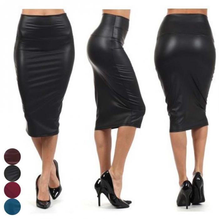 Newly Women High Waist Faux Leather Pencil Skirt Bodycon Skirt Solid Sexy OL Office Skirts - Amazitshop