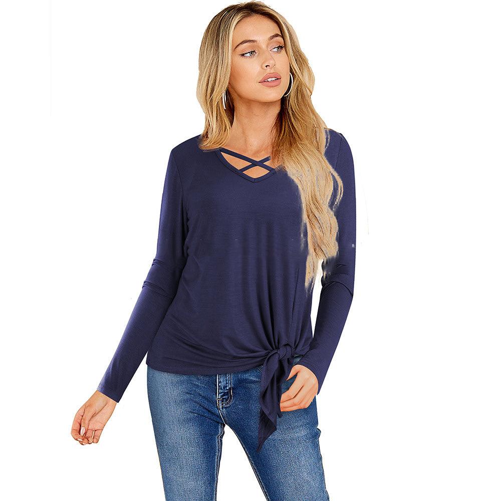 Nice - Forever Winter Women Pure Color Bandage Casual T-Shirts Loose Shift Female Tees Tops T057 - Amazitshop