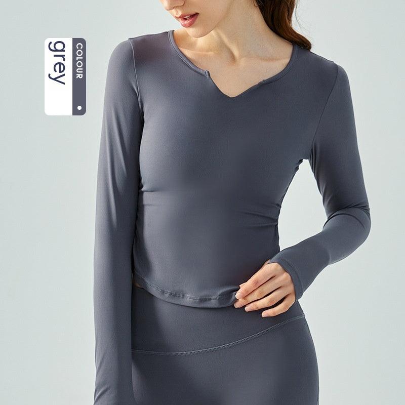 Nylon Loose V - neck Yoga Jacket Women's Circular Lower Hem Nude Feel Slim Fit Slimming Sports T-shirt Running Breathable Workout Long Sleeve - Amazitshop