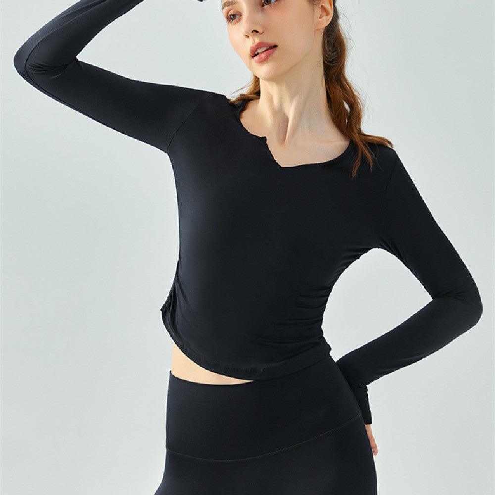 Nylon Loose V - neck Yoga Jacket Women's Circular Lower Hem Nude Feel Slim Fit Slimming Sports T-shirt Running Breathable Workout Long Sleeve - Amazitshop