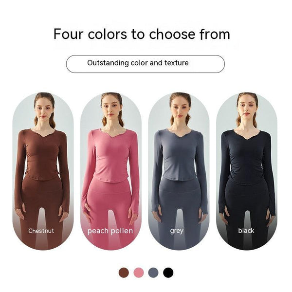 Nylon Loose V - neck Yoga Jacket Women's Circular Lower Hem Nude Feel Slim Fit Slimming Sports T-shirt Running Breathable Workout Long Sleeve - Amazitshop