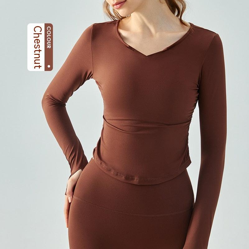 Nylon Loose V - neck Yoga Jacket Women's Circular Lower Hem Nude Feel Slim Fit Slimming Sports T-shirt Running Breathable Workout Long Sleeve - Amazitshop