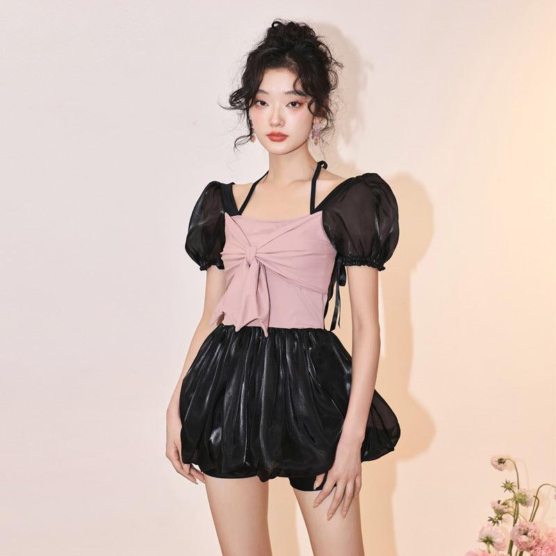 One - piece Fluffy Skirt Puff Sleeve Small Chest Gathered Senior Hot Girl Vacation Swimwear - Amazitshop