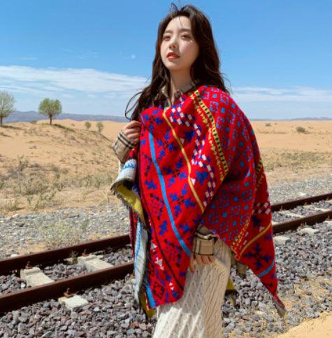 Outer Sunscreen Hooded Scarf Red Chinese Style Knitted Coat - Amazitshop