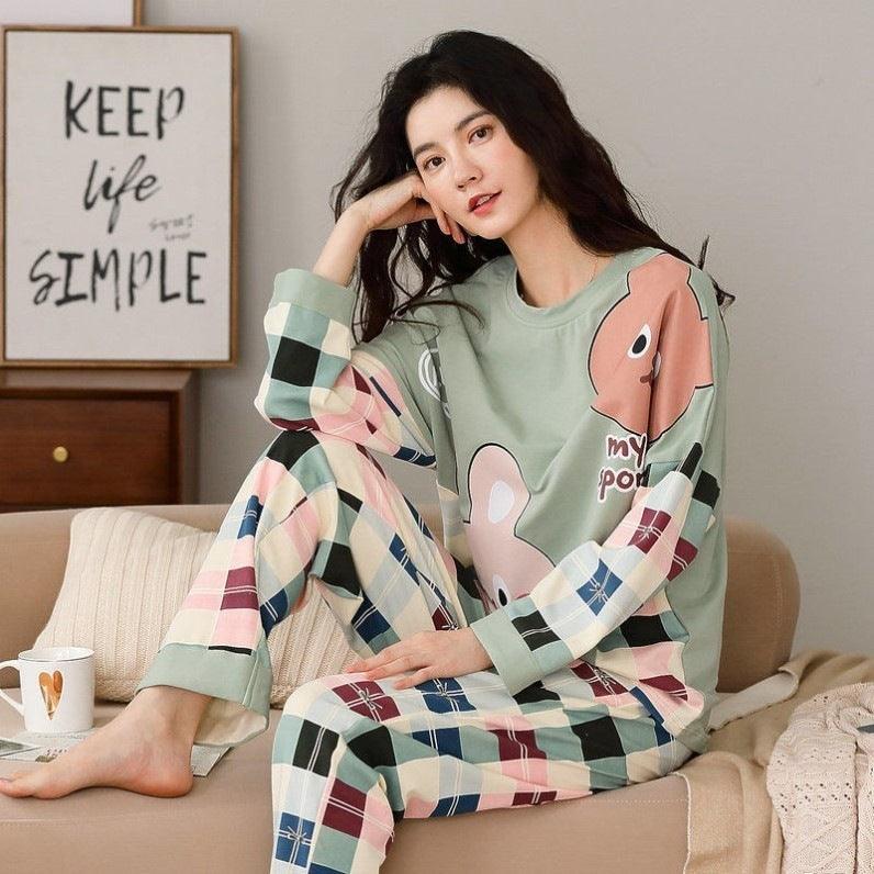 Pajamas Set Women Cute Cartoon Print Sleepwear 2 Piece Lounge Sets - Amazitshop