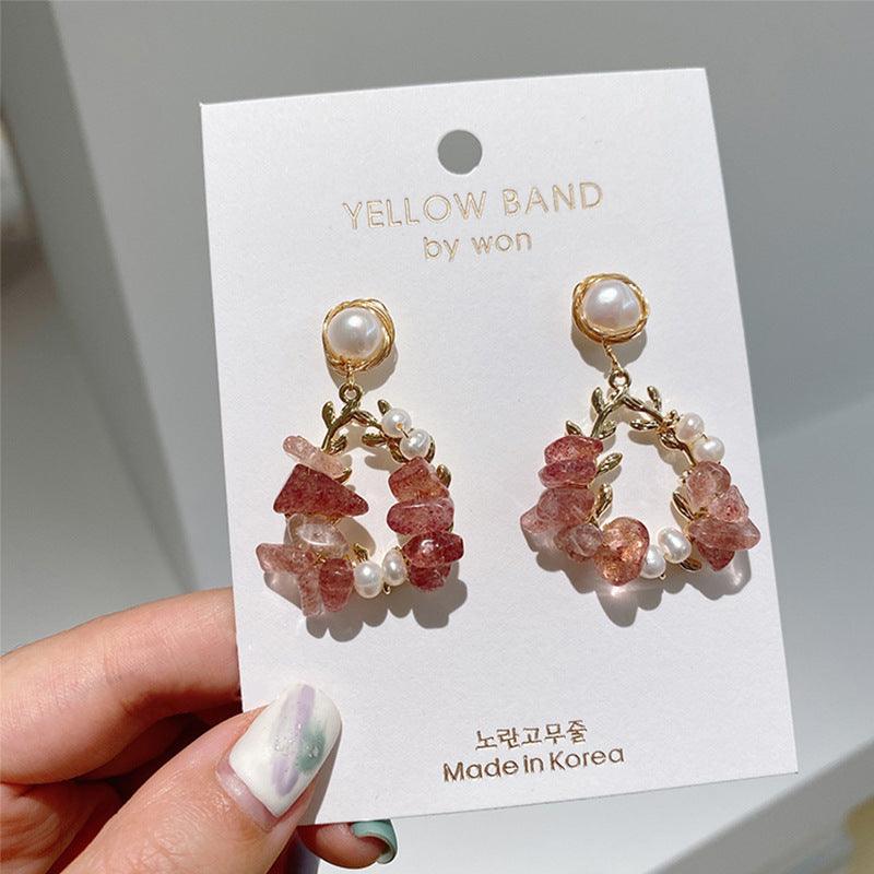 Pearl Earrings Temperament Super Fairy Crystal Net Red Earrings Design Leaf Earrings - Amazitshop