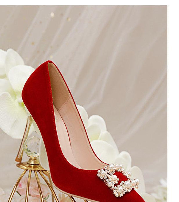 Pearl Rhinestone Single Shoes Stiletto Wedding Shoes - Amazitshop