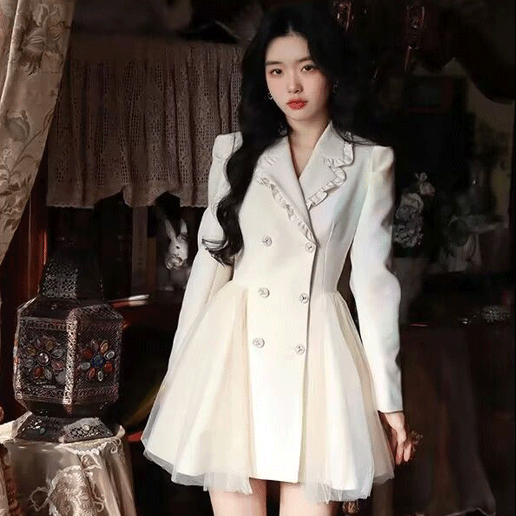 Pengpeng White Suit Dress Waist Up Fairy Short Skirt - Amazitshop