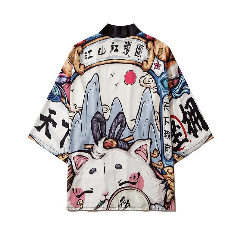 Personalized Cartoon Printed Kimono Loose 34 Sleeve Shirt - Amazitshop