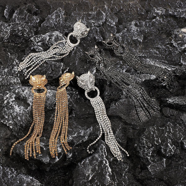 Personalized Leopard Head Earrings With Tassel Rhinestones Trendy Fashion Jewelry Luxury Long Earrings For Women - Amazitshop