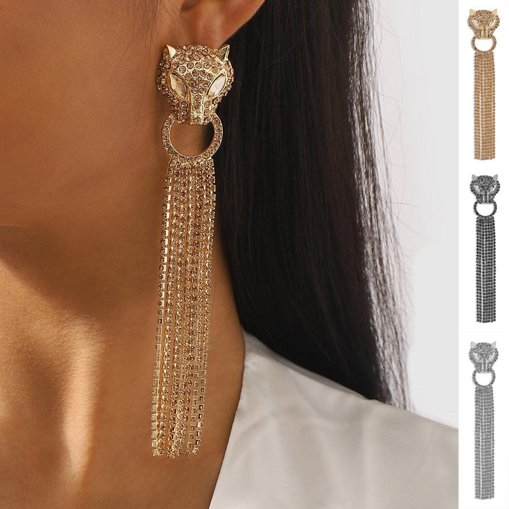 Personalized Leopard Head Earrings With Tassel Rhinestones Trendy Fashion Jewelry Luxury Long Earrings For Women - Amazitshop