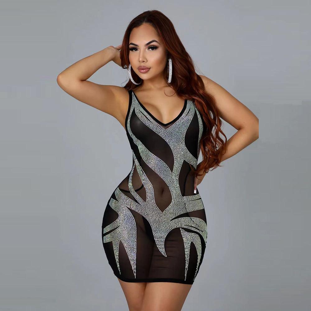 Perspective Rhinestone Nightclub Dress Woman - Amazitshop