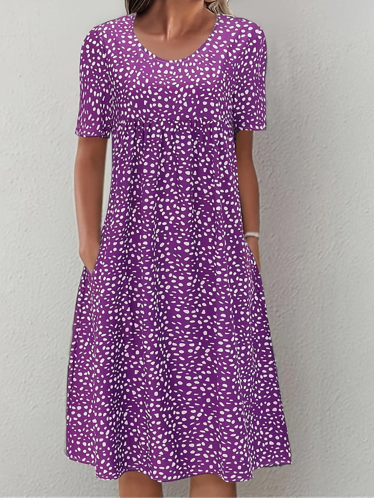 Pine Round Neck Bohemian Floral Dress - Amazitshop