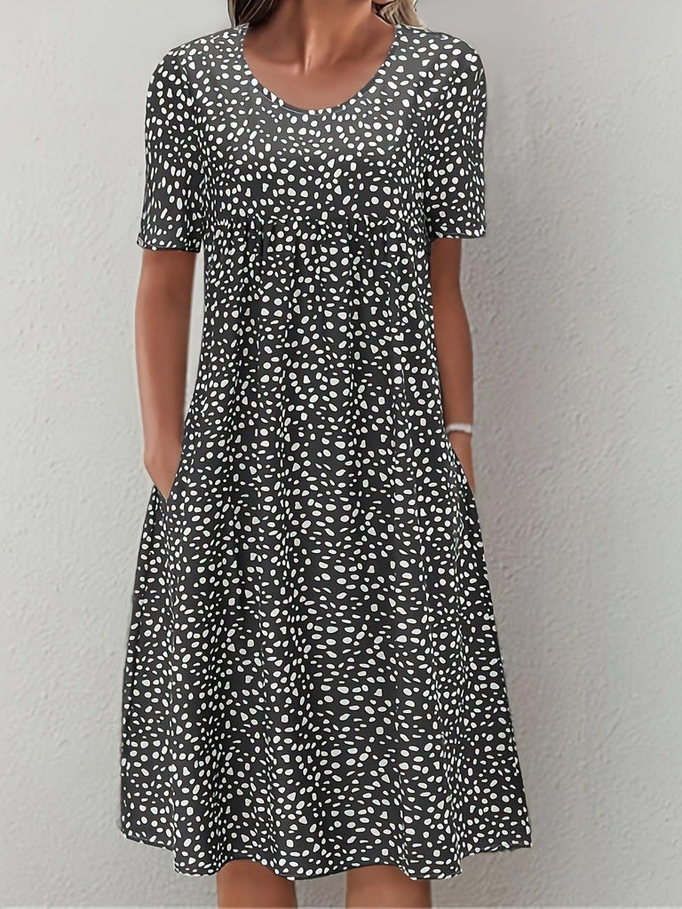 Pine Round Neck Bohemian Floral Dress - Amazitshop