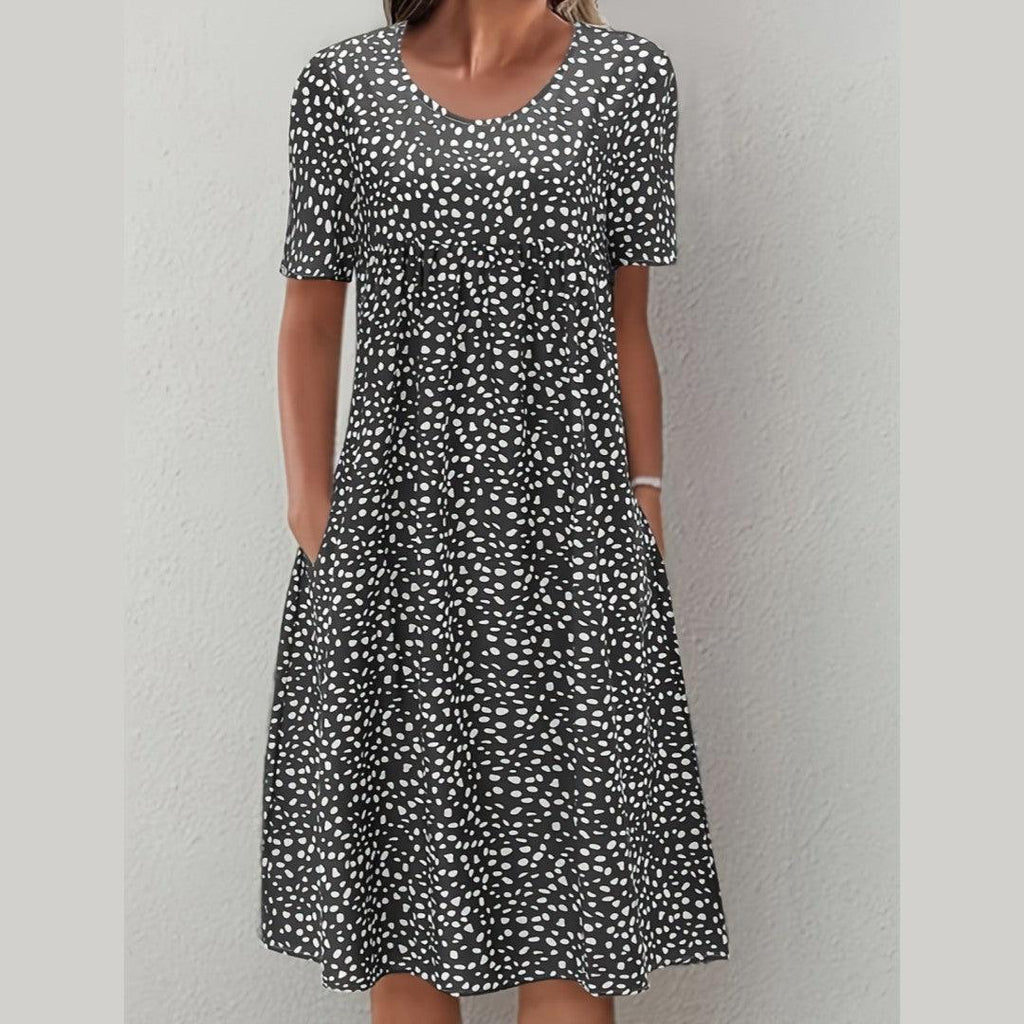 Pine Round Neck Bohemian Floral Dress - Amazitshop