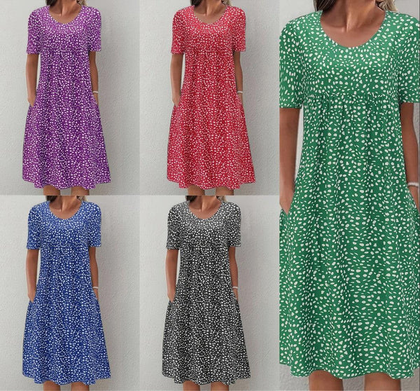 Pine Round Neck Bohemian Floral Dress - Amazitshop