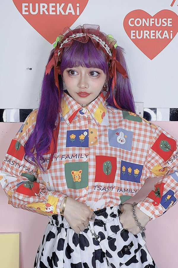 Plaid cartoon print shirt - Amazitshop