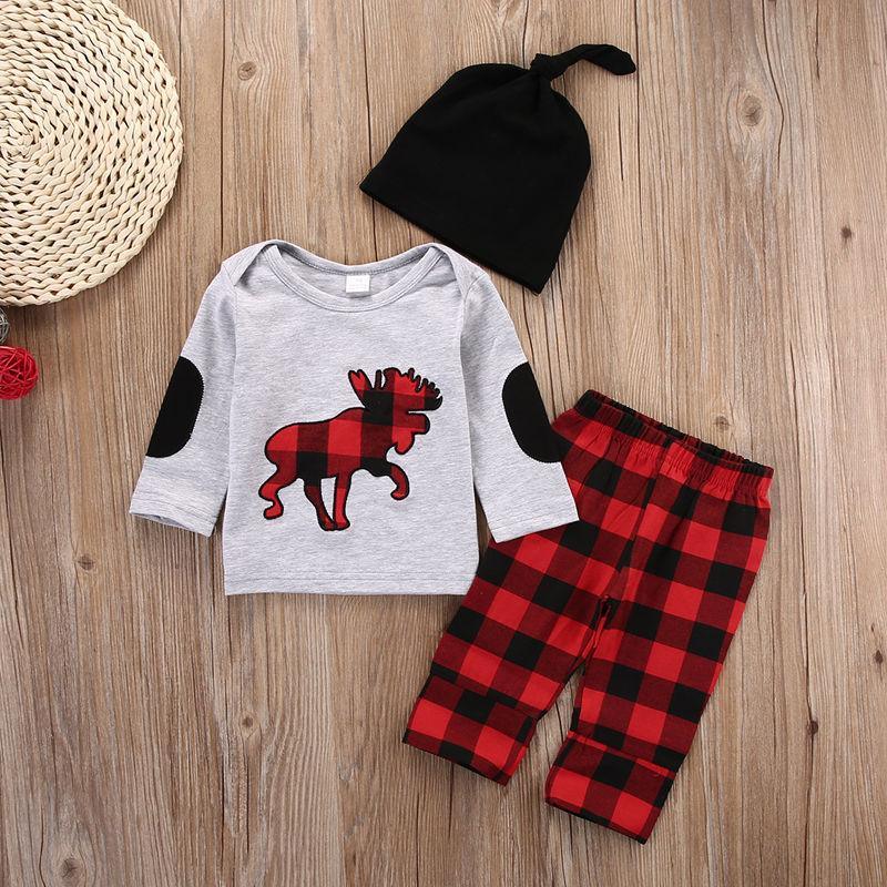 Plaid Moose Hat T-shirt Pants 3pcs Baby Outfit Set - Amazitshop