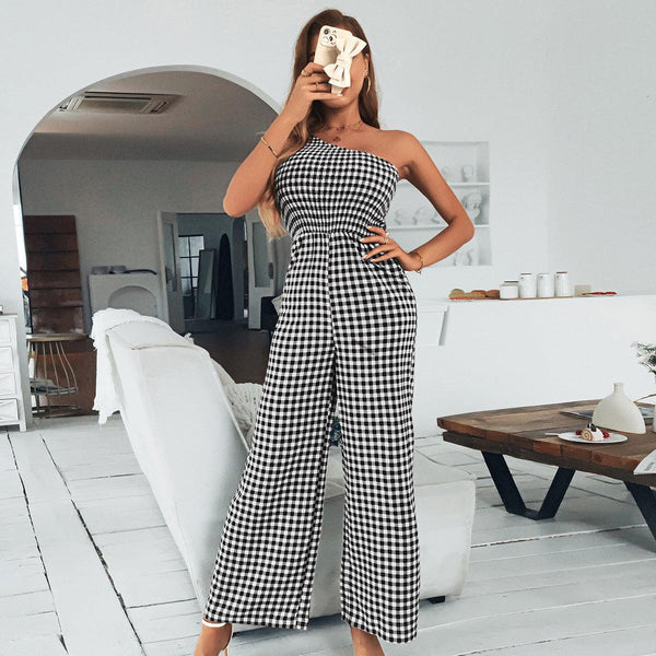 Plaid One - shoulder Top Section Smocking Temperament Polyester Women's Jumpsuit - Amazitshop