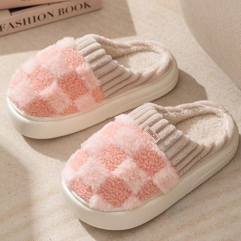 Plaid Plush Slippers Women's Indoor Plush Home Slippers Soft Sole Thick Non - Slip Warm House Shoes Couple Autumn And Winter - Amazitshop