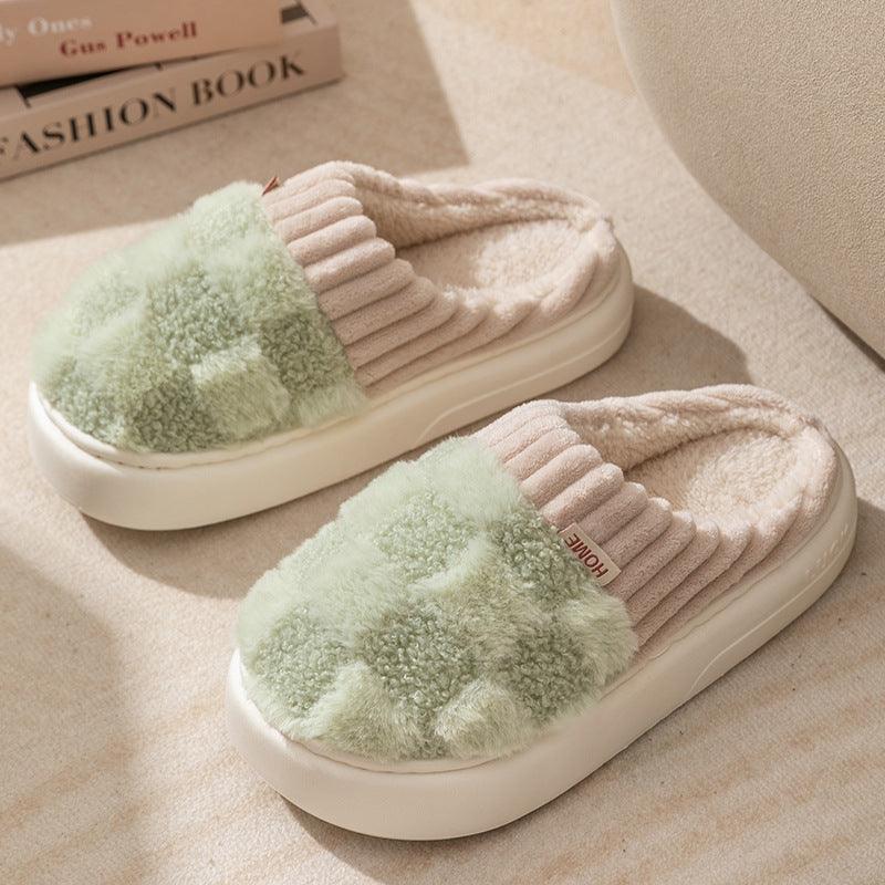 Plaid Plush Slippers Women's Indoor Plush Home Slippers Soft Sole Thick Non - Slip Warm House Shoes Couple Autumn And Winter - Amazitshop