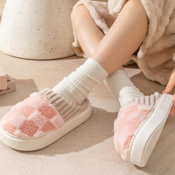 Plaid Plush Slippers Women's Indoor Plush Home Slippers Soft Sole Thick Non - Slip Warm House Shoes Couple Autumn And Winter - Amazitshop