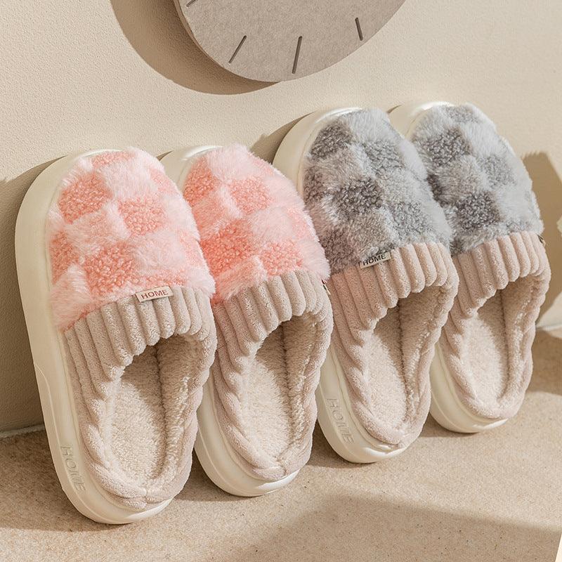 Plaid Plush Slippers Women's Indoor Plush Home Slippers Soft Sole Thick Non - Slip Warm House Shoes Couple Autumn And Winter - Amazitshop