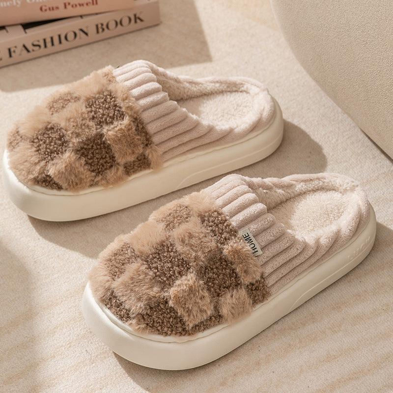 Plaid Plush Slippers Women's Indoor Plush Home Slippers Soft Sole Thick Non - Slip Warm House Shoes Couple Autumn And Winter - Amazitshop