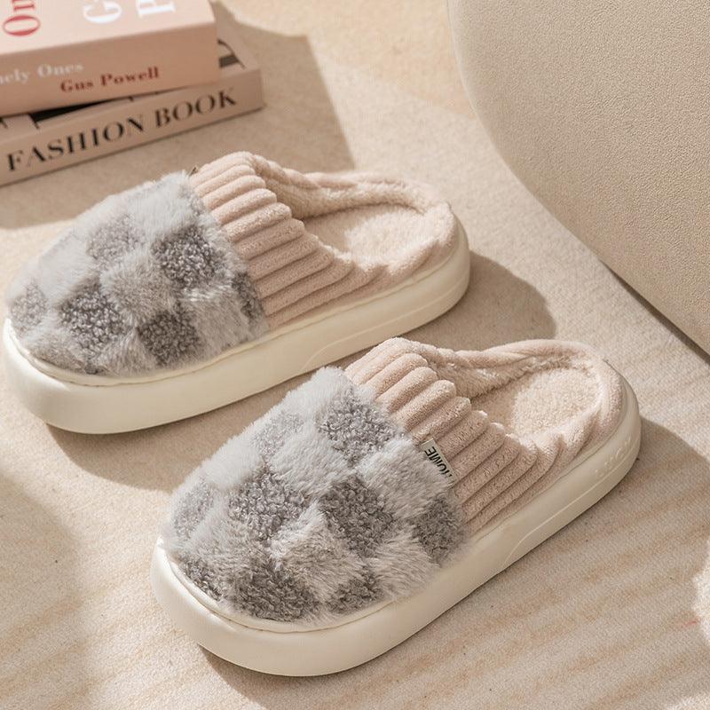 Plaid Plush Slippers Women's Indoor Plush Home Slippers Soft Sole Thick Non - Slip Warm House Shoes Couple Autumn And Winter - Amazitshop