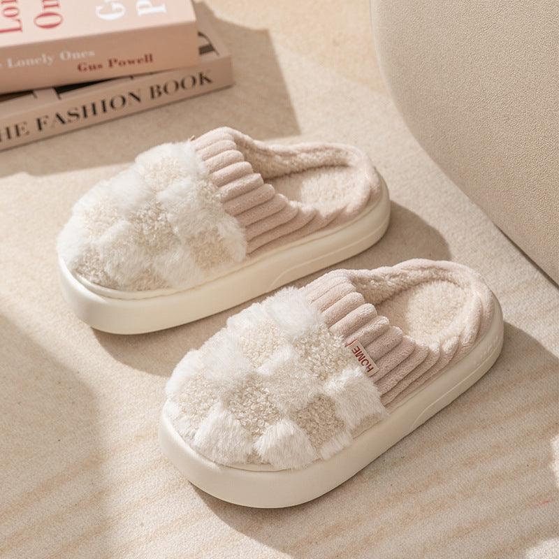 Plaid Plush Slippers Women's Indoor Plush Home Slippers Soft Sole Thick Non - Slip Warm House Shoes Couple Autumn And Winter - Amazitshop