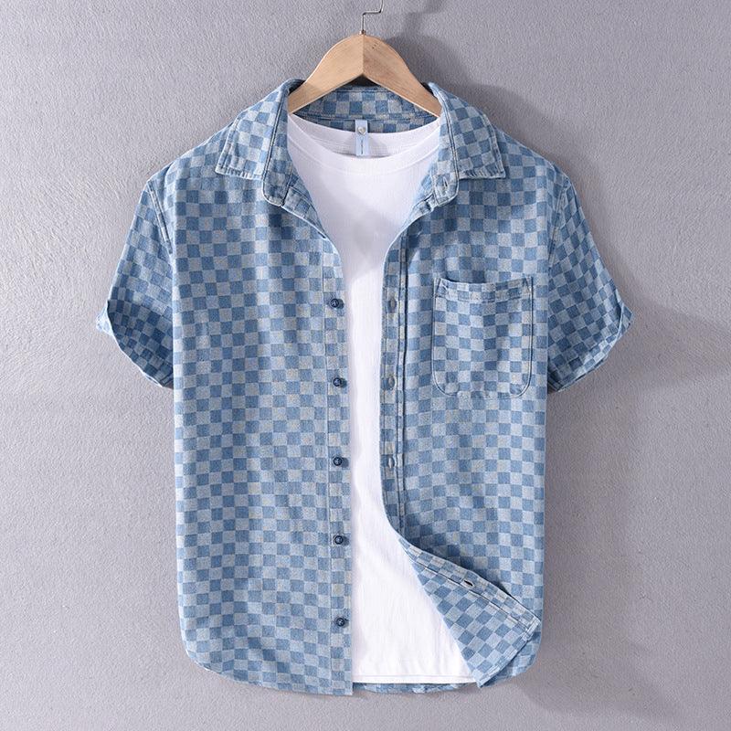 Plaid Short Sleeve Denim Shirt Casual All - match Cotton Shirt - Amazitshop