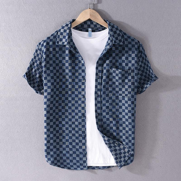 Plaid Short Sleeve Denim Shirt Casual All - match Cotton Shirt - Amazitshop