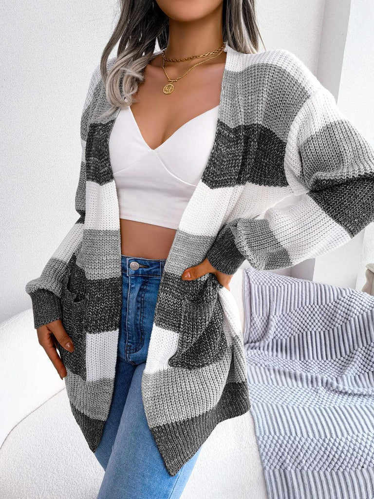 Plaid Sweater Women Casual Lantern Sleeves Cardigan Jacket Outerwear Clothes - Amazitshop