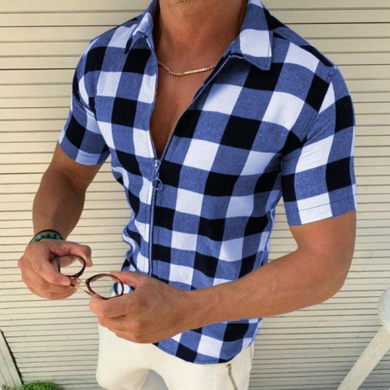 Plaid T Shirt Mens Zipper Short Sleeve Shirts Summer Men Clothing - Amazitshop