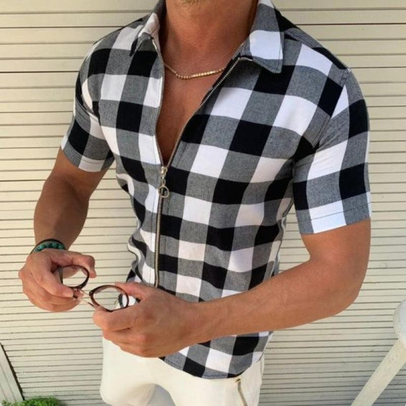Plaid T Shirt Mens Zipper Short Sleeve Shirts Summer Men Clothing - Amazitshop